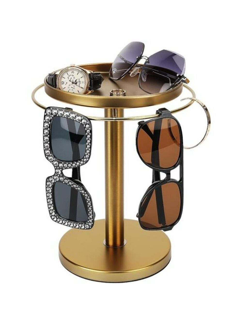 360 Rotating Sunglass Organizer Stand Gold Metal Holder with Jewelry Tray